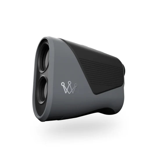 Arccos Smart Laser, a compact dual-lens rangefinder featuring a silver crown logo on the side