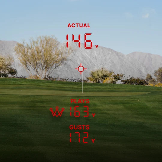 Arccos Smart Laser display showing distance and plays like distance taking into account wind conditions