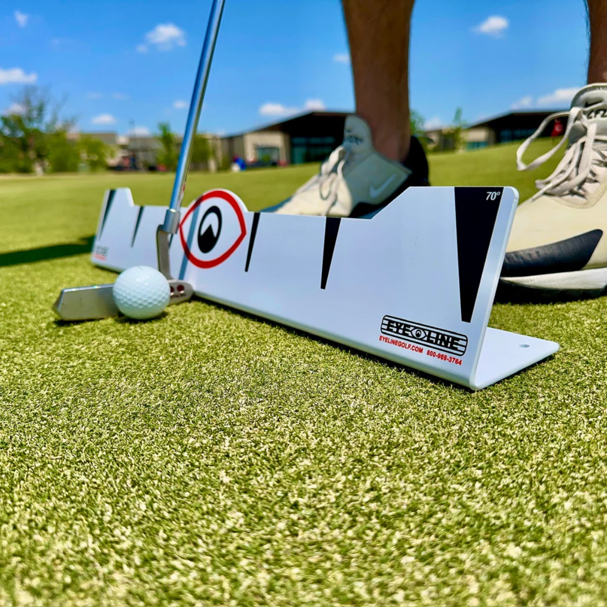Close-up shot of The Eyeline Golf Edge Putting Rail 70 degrees on the golf course