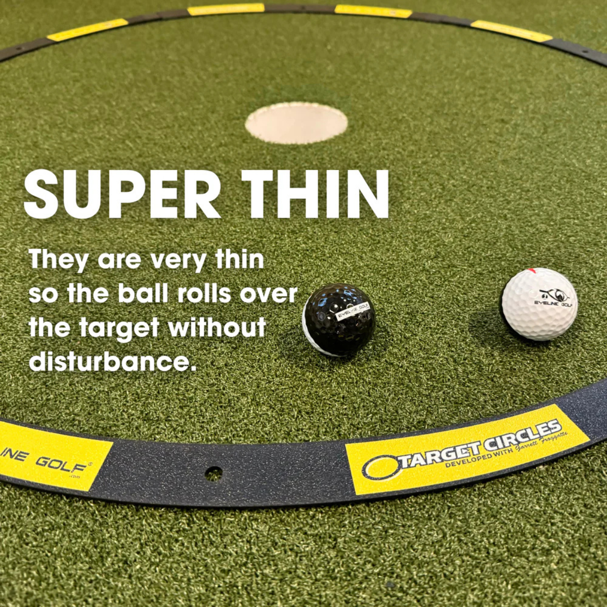 Target Circle with text about 'Super Thin' circles and golf balls on a green surface.
