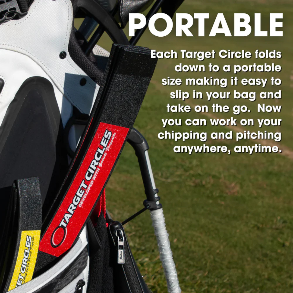 Golf bag with Target Circles product attached, featuring text about portability.