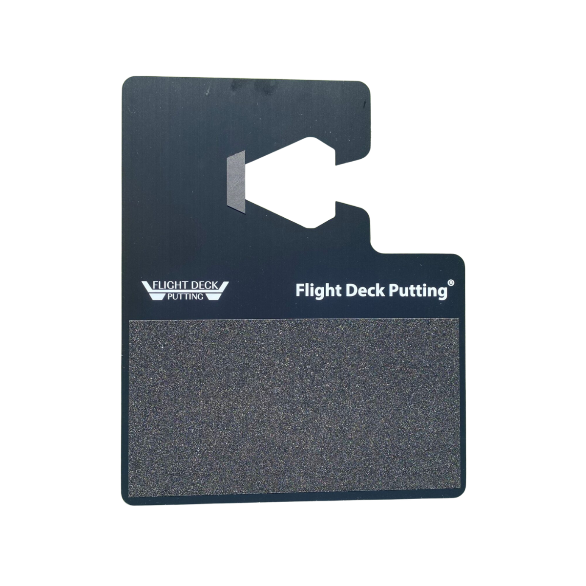 Golf practice aid with 'Flight Deck Putting' branding on a white background