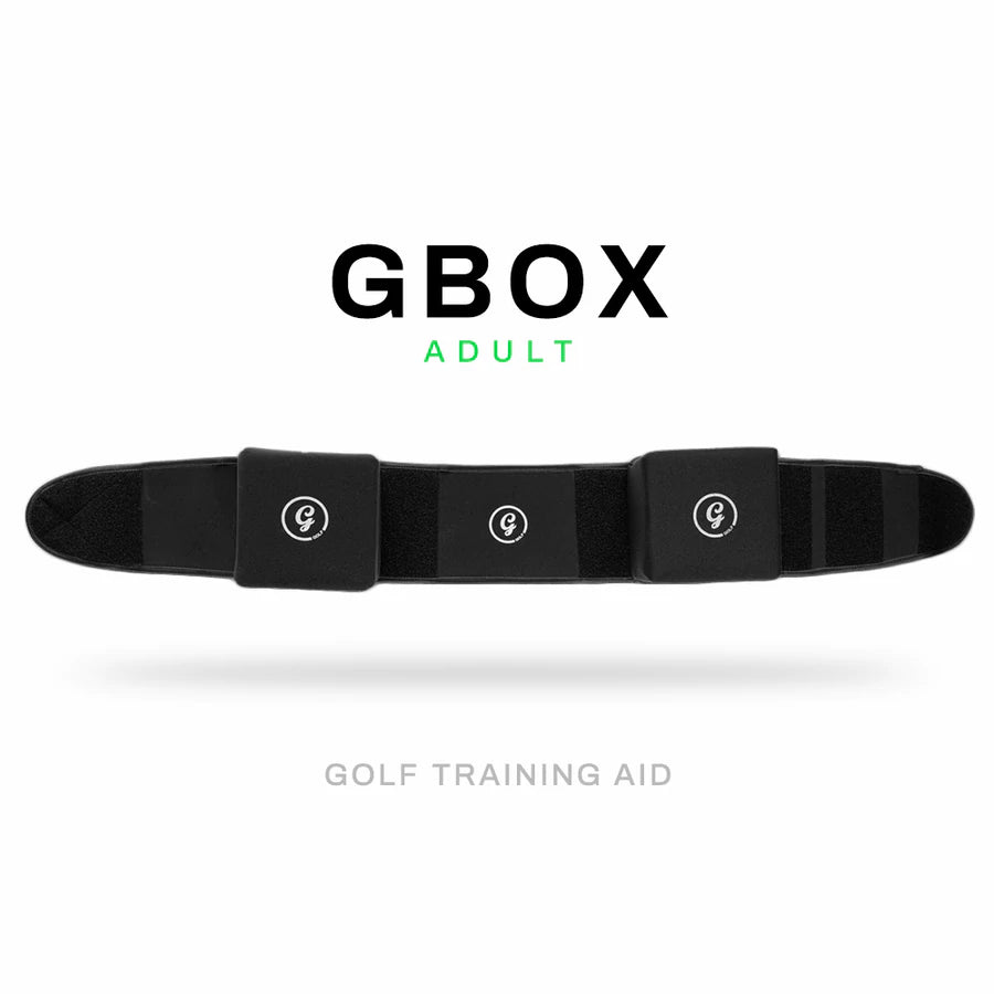 Black golf training aid belt with 'GBOX' branding on a white background