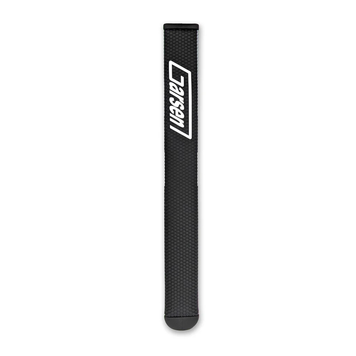 Black golf club putter grip with a brand logo on a white background