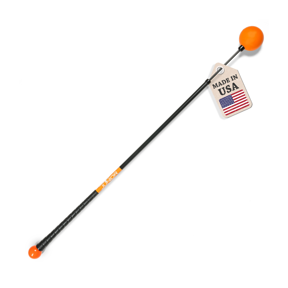 Orange Whip Junior with orange ends and 'Made in USA' tag on a white background