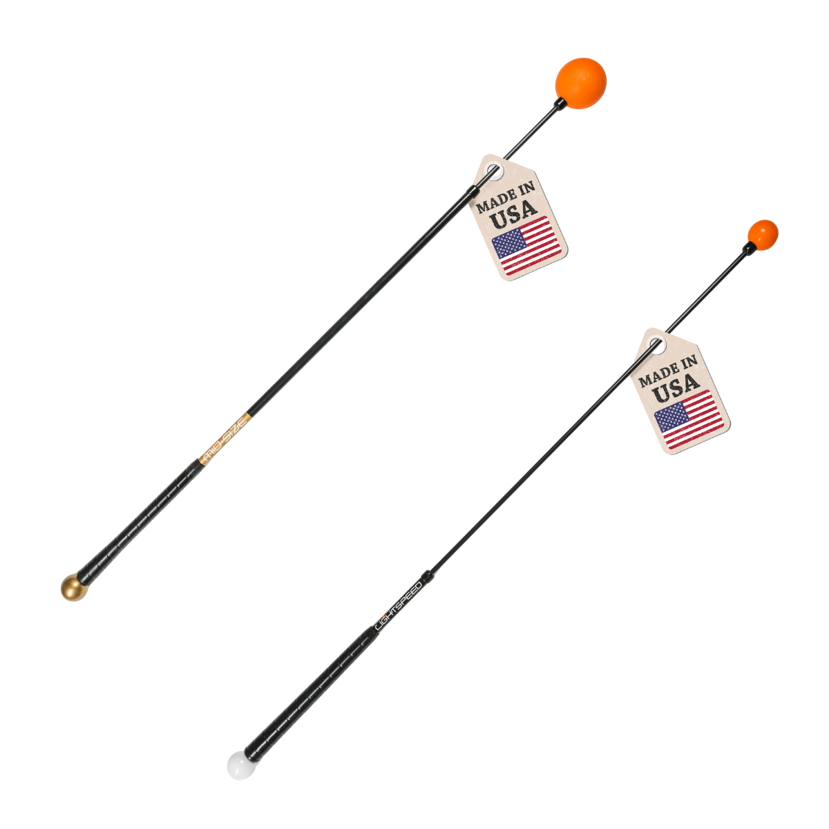Two black Orange Whip sticks with orange ends and 'Made in USA' tags on a white background