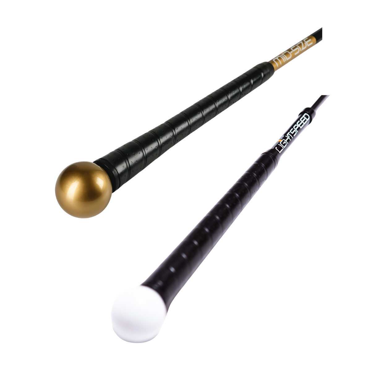 Orange Whip sticks with 'Mid-size' and 'Lightspeed' text branding on a white background