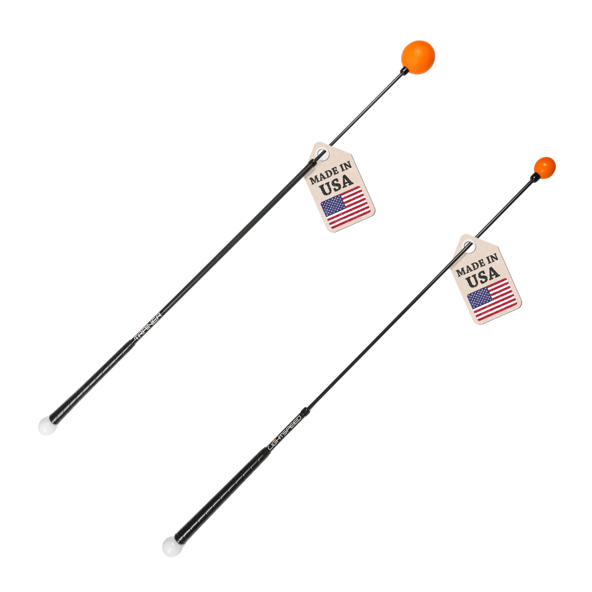 Two Orange Whip sticks with orange tips and 'Made in USA' tags on a white background