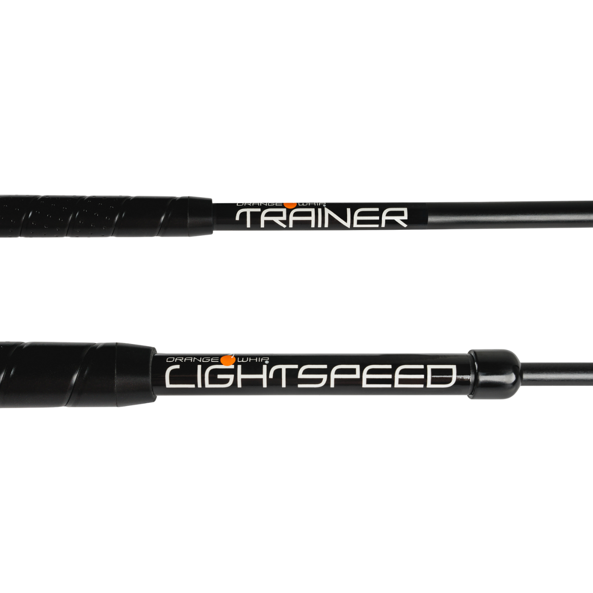 Two black Orange whip sticks with 'Trainer' and 'Lightspeed' branding on a white background.