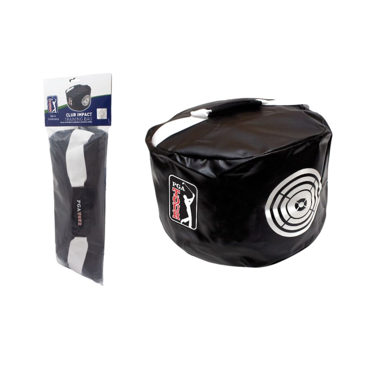 Black target impact bag with a white logo and packaging on a white background