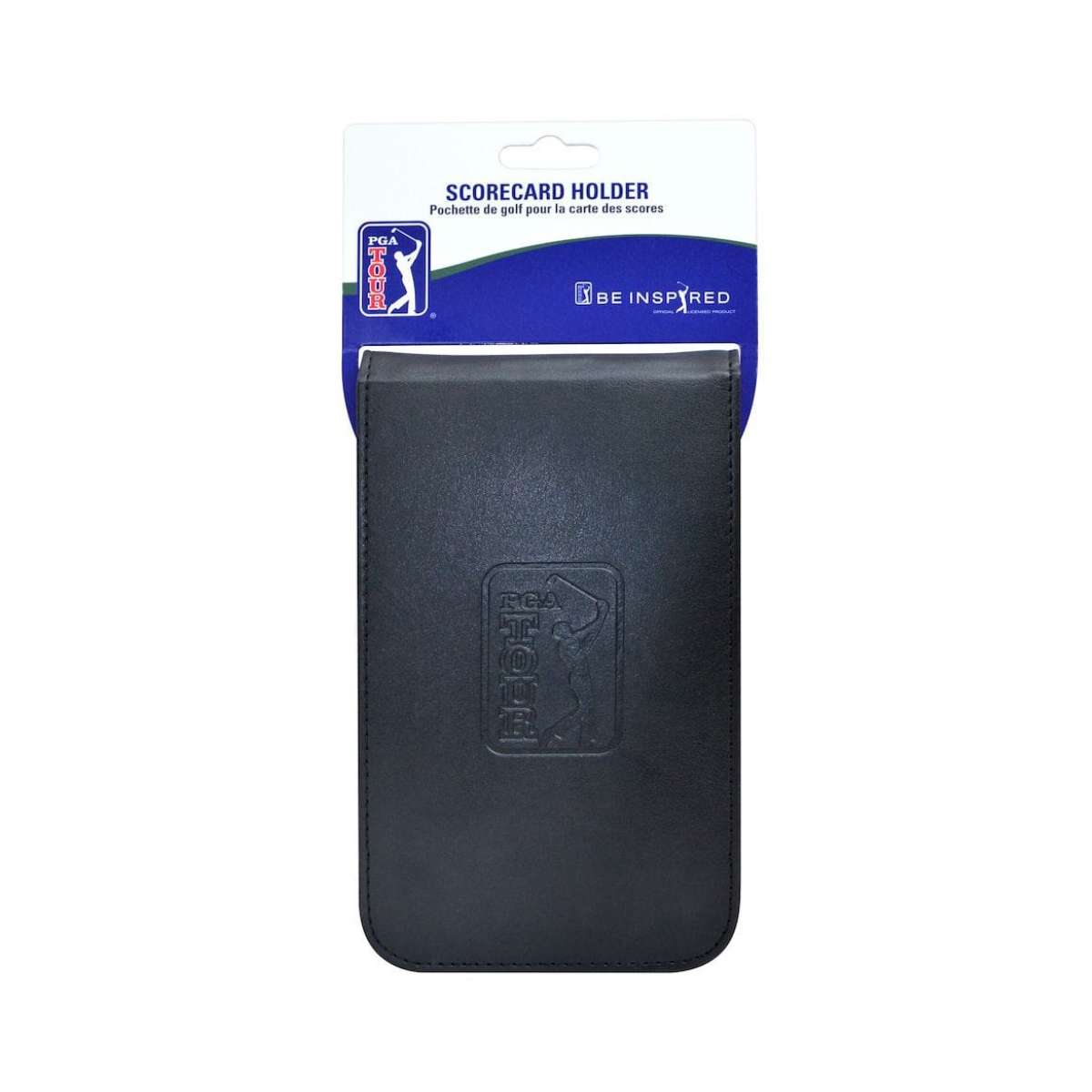 Black scorecard holder with a blue packaging label on a white background