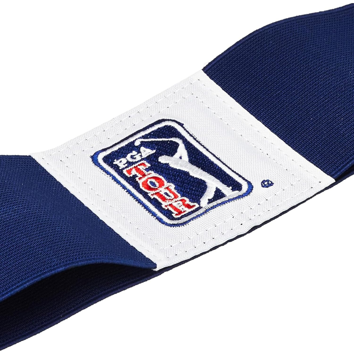 Close-up of a blue and white swing connector band with a logo on a white background