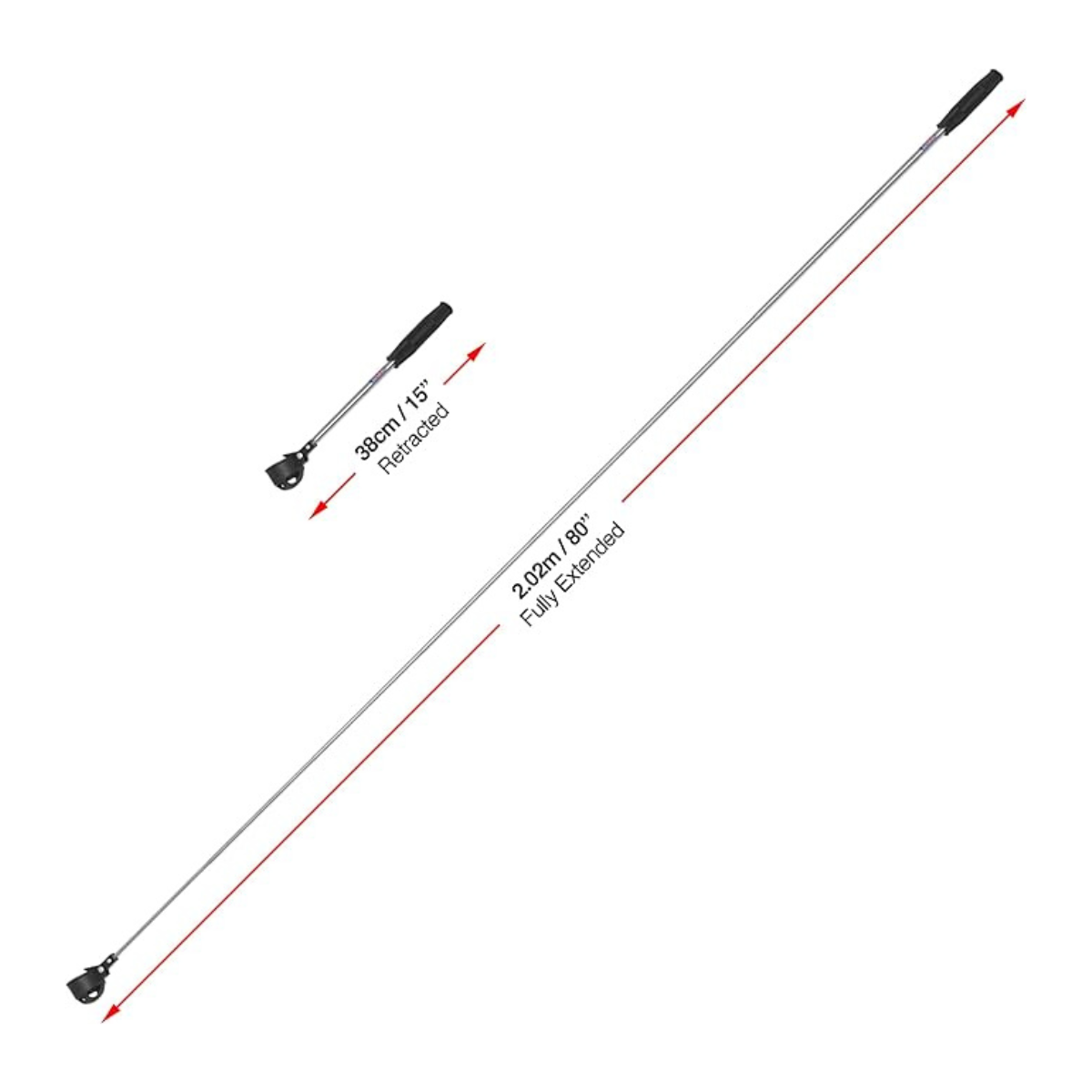 Telescopic pole with labeled extended and retracted lengths on a white background