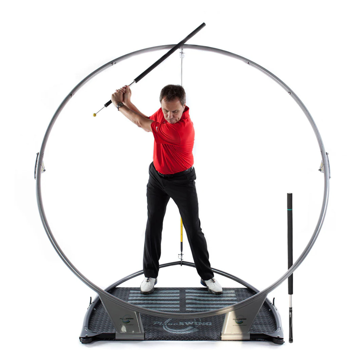 Person using the PlaneSWING trainer on a white background