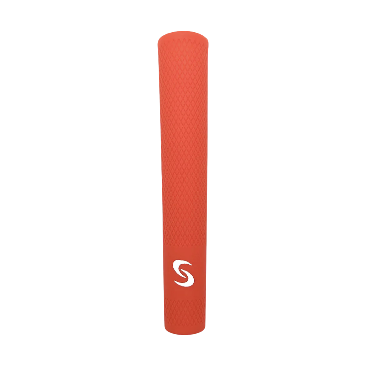 Red squeeze grip with a white logo on a white background