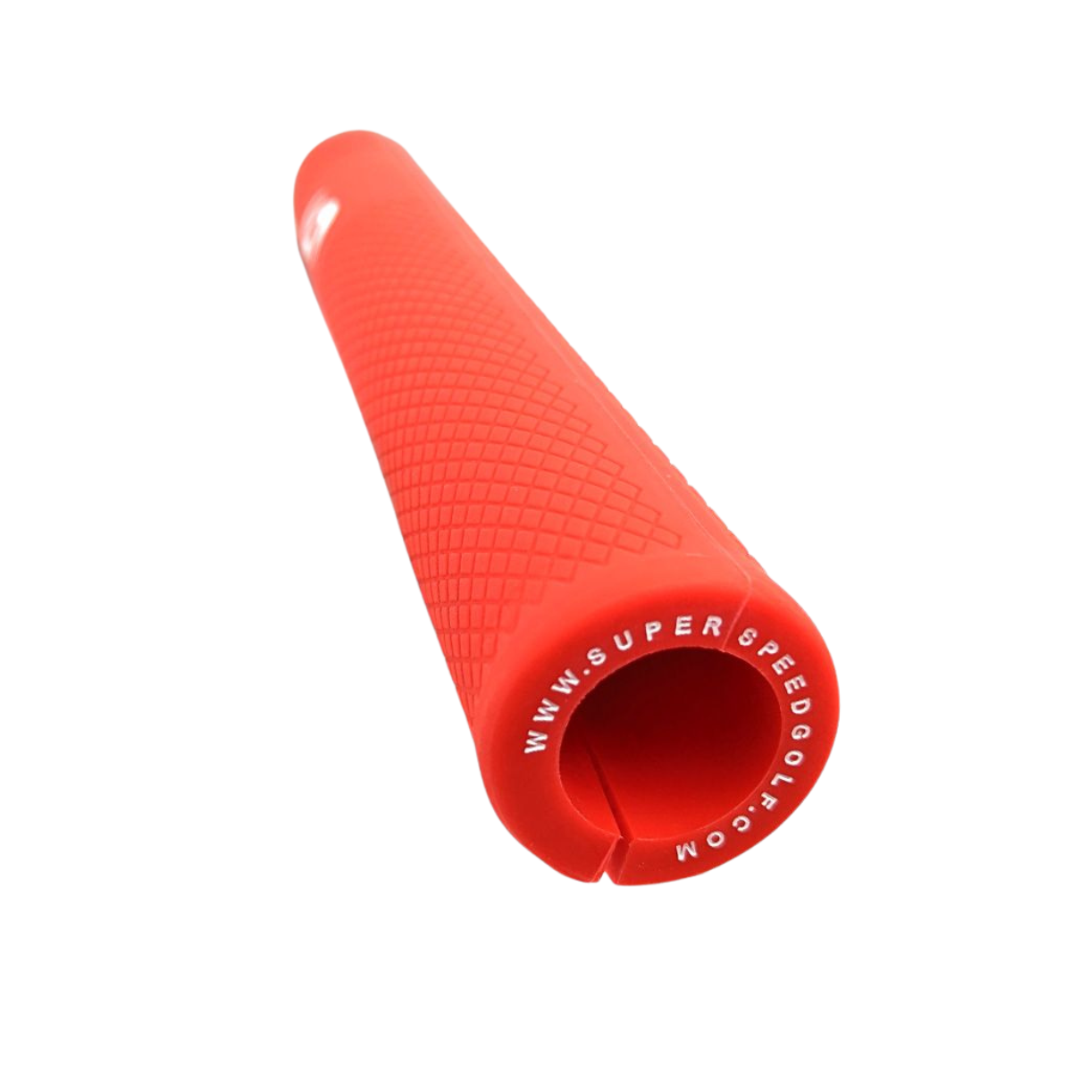 Red squeeze grip with textured surface and brand name on a white background