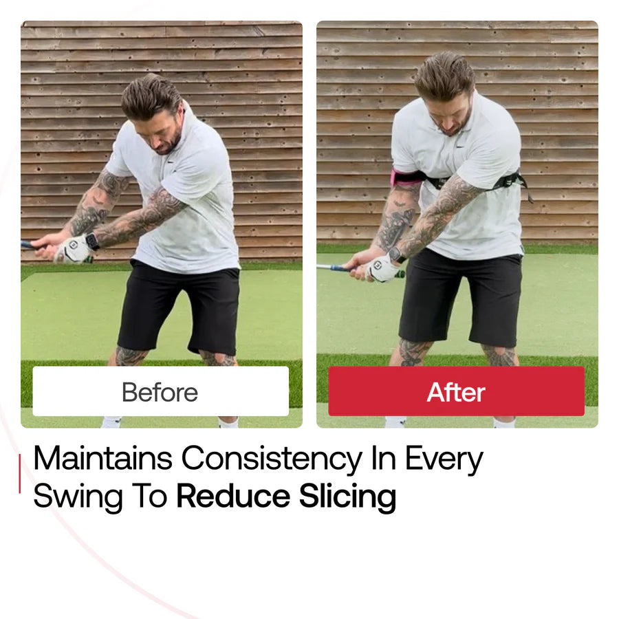 Before and after comparison showing improved swing connection and reduced slicing with the TRS Slider golf training aid