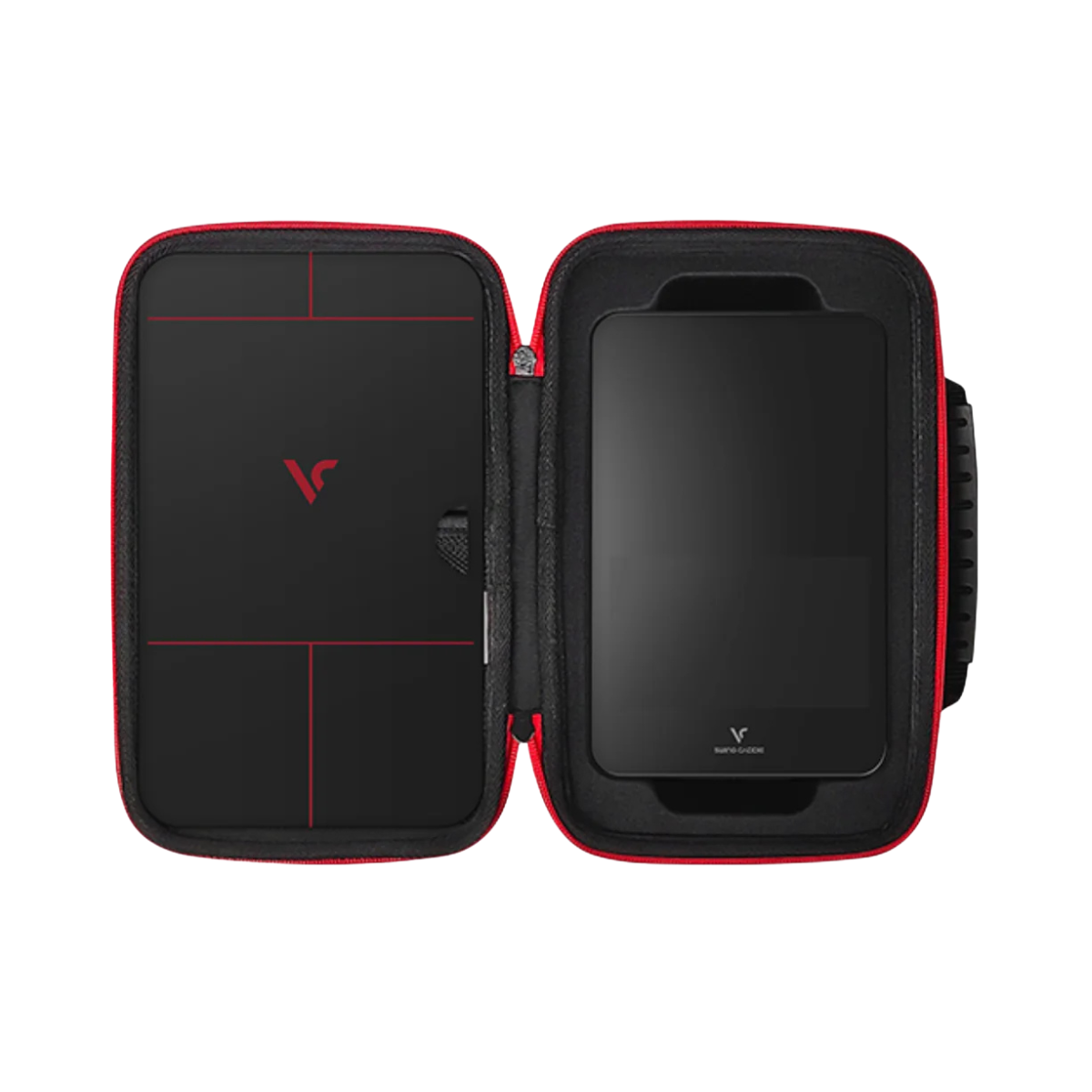 Black launch monitor case with red accents and a visible brand logo on a white background