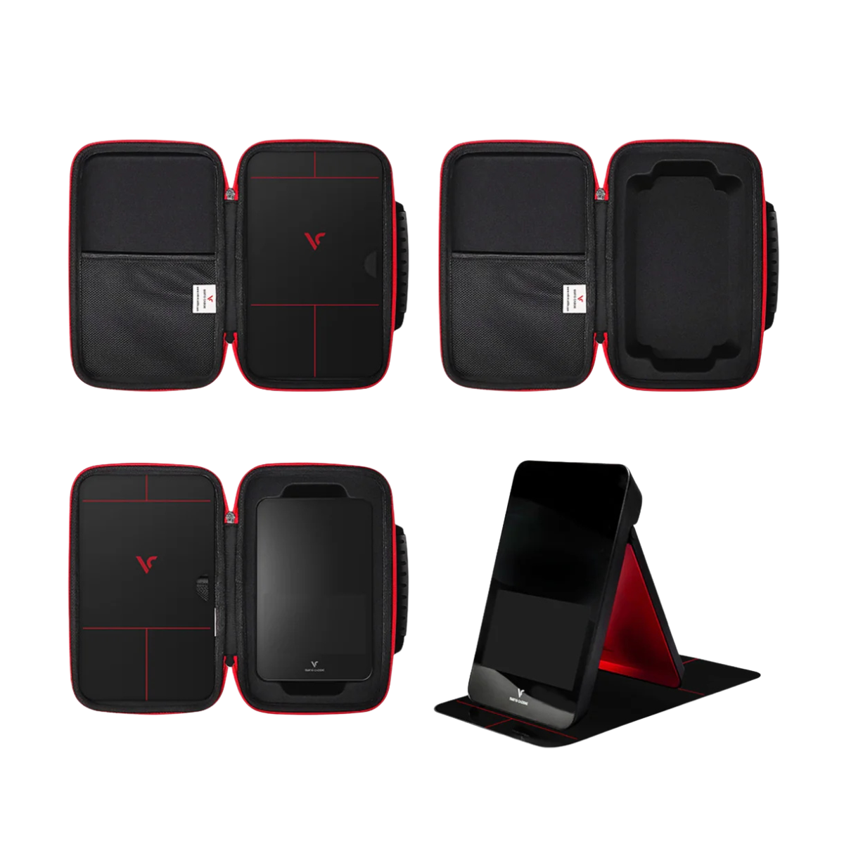 Black and red launch monitor case with stand feature on a white background