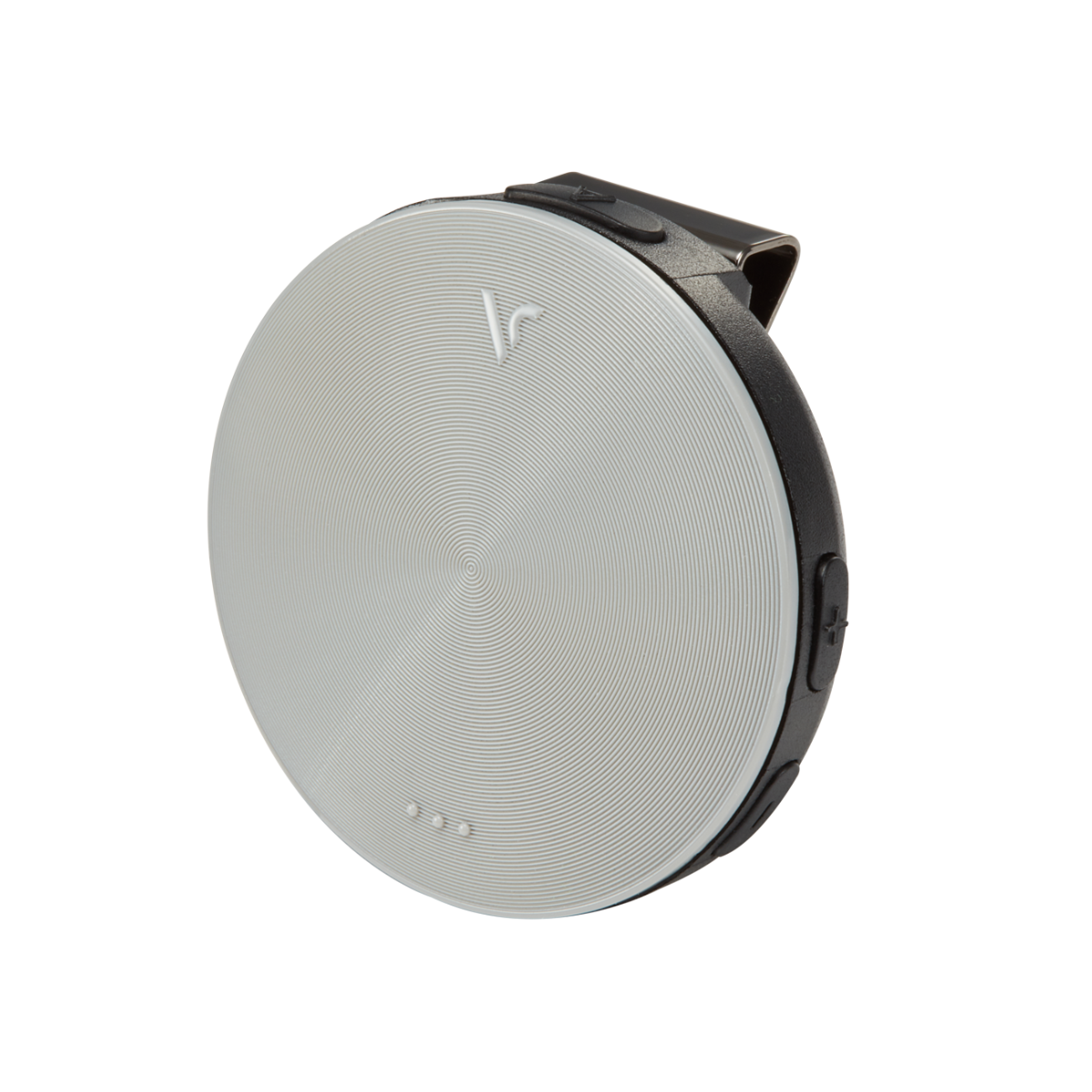 Round voice GPS with a clip on a white background