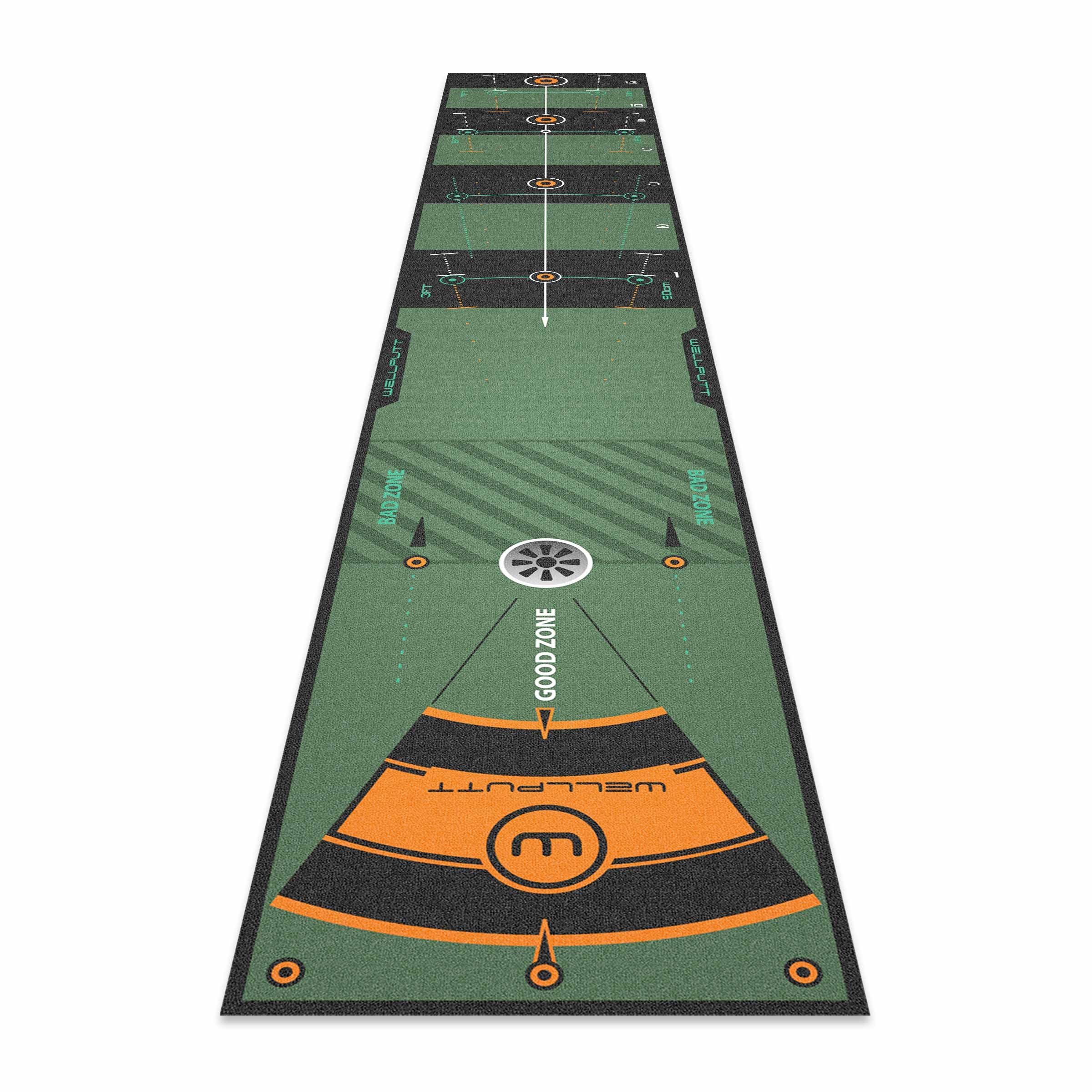 Wellputt 10ft Classic Green putting mat for structured indoor putting practice