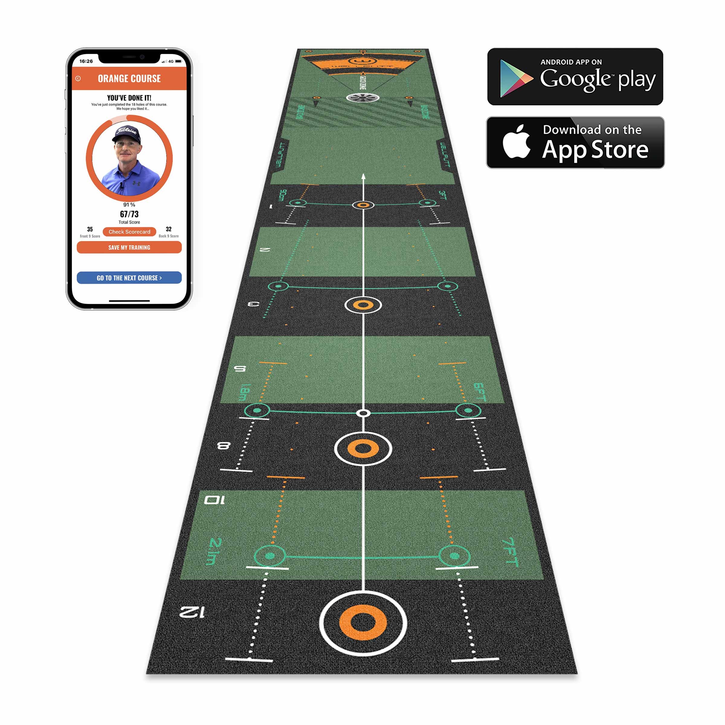 Wellputt 10ft Classic Green putting mat for structured indoor putting practice