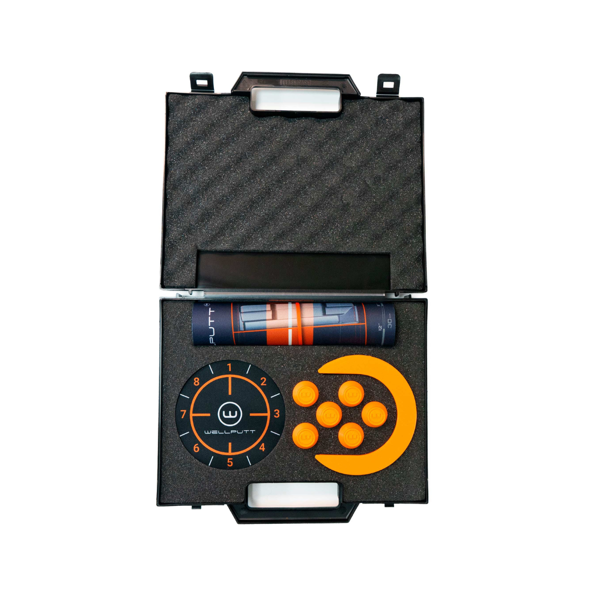 Black carrying case with golf accessories on a white background