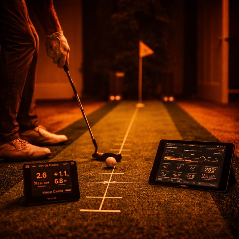 Indoor golf putting mat setup with a golfer addressing a putt under warm lighting, showing controlled home practice.