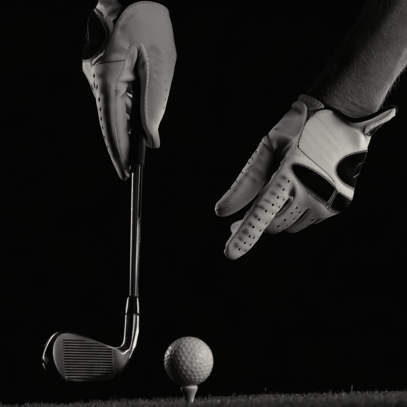 Golfer wearing gloves addressing a golf ball with an iron, showing controlled setup and precise contact.