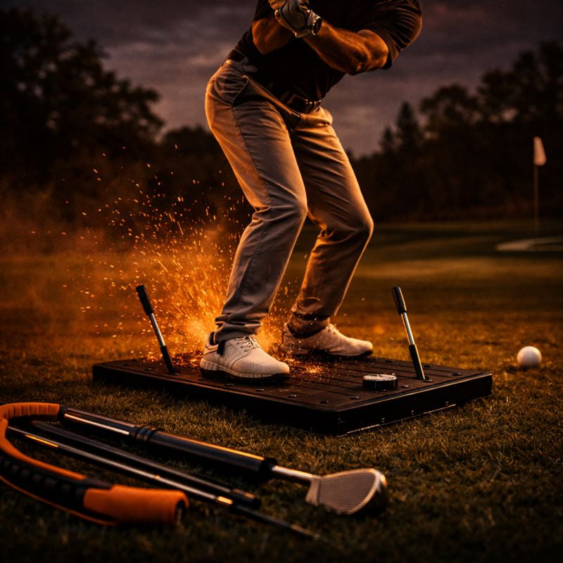 Close-up of a golfer performing a power swing on a swing-training plate at dusk, with dark ember lighting highlighting explosive ground force and lower-body speed during golf power training.
