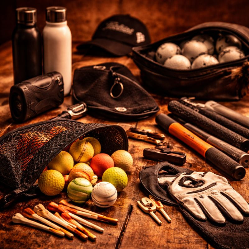 Assortment of golf accessories including foam practice balls, tees, gloves, grips, and essential equipment arranged under warm lighting.