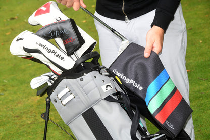 Swing Plate stance towel training aid for golf setup and ball position alignment
