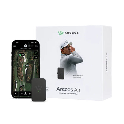 Arccos Air game tracking wearable shown with its retail box, a smartphone displaying a golf course map and tracking overlay