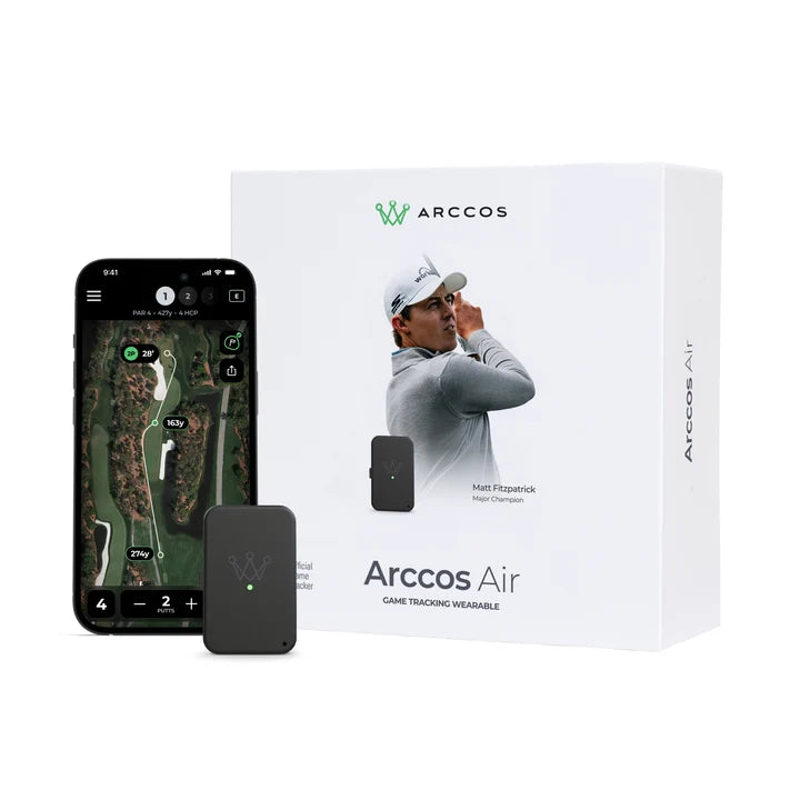 Arccos Air game tracking wearable shown with its retail box, a smartphone displaying a golf course map and tracking overlay