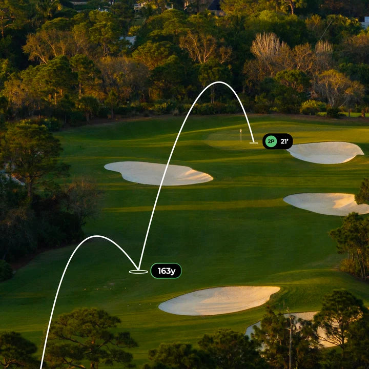 Golf course view showing distance measurements for shots on a hole tracked by Arccos Air