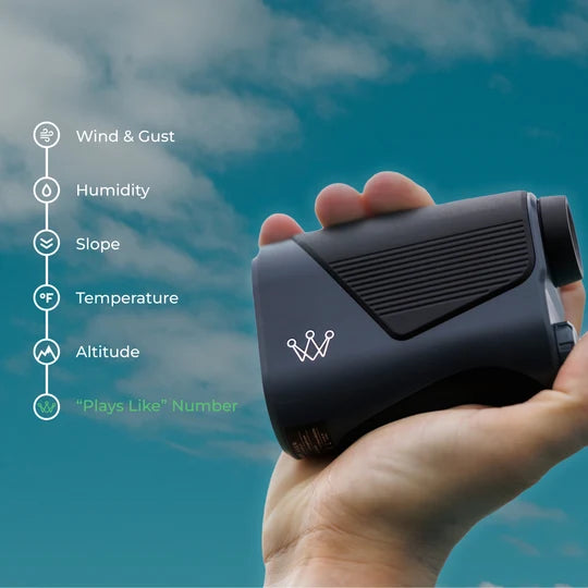 A hand holding an Arccos laser rangefinder outdoors against a blue sky with clouds. White text on the left lists features that are taken into account for distances such as wind, humidity, slope, temperature, altitude to provide a plays-like number
