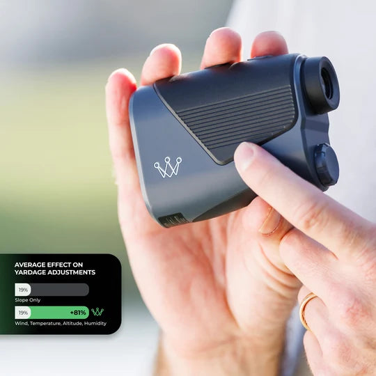 Hand holding an Arccos Smart Laser with a graphic of the average effect of considered factors on yardage adjustments