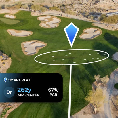 Golf course with a smart play overlay showing distance, aim center, and par.
