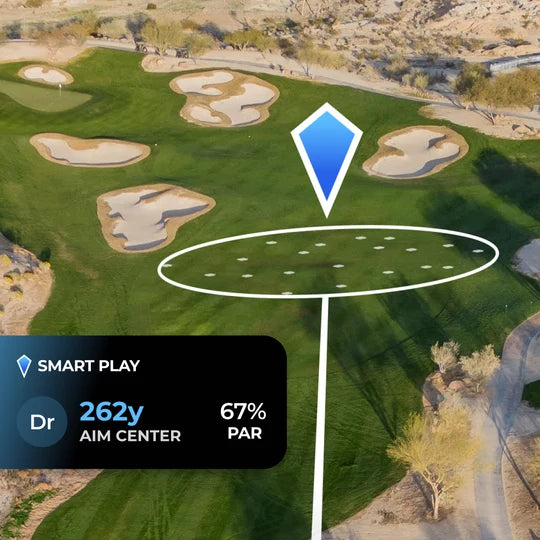Golf course with a smart play overlay showing distance, aim center, and par.