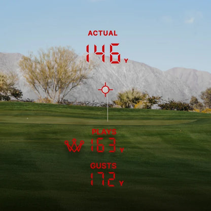 Arccos Smart Laser display showing distance and plays like distance taking into account wind conditions