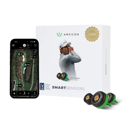 Arccos Smart Sensors golf tracking kit shown with a smartphone app screen, a white branded product box, and three green-and-black sensor units on a clean white background.