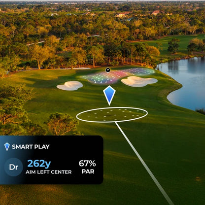 Aerial view of a golf course hole showing Arccos AI generated caddie recommendations for where to aim as well as green slope and contours