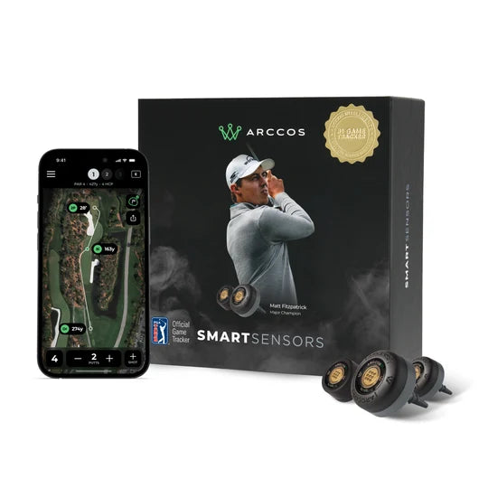 Arccos Smart Sensors golf tracking kit shown with a smartphone app screen, a white branded product box, and three green-and-black sensor units on a clean white background.
