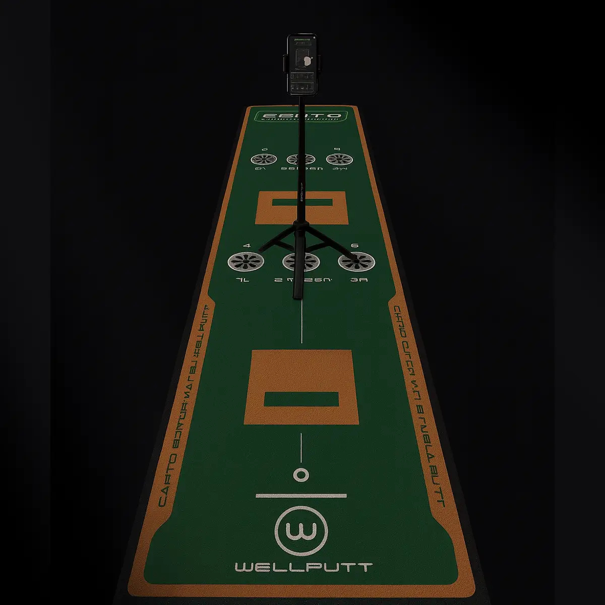 Wellputt putting mat and a phone stand on a black background