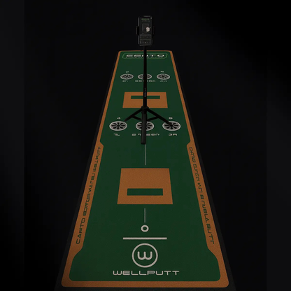 Wellputt putting mat and a phone stand on a black background