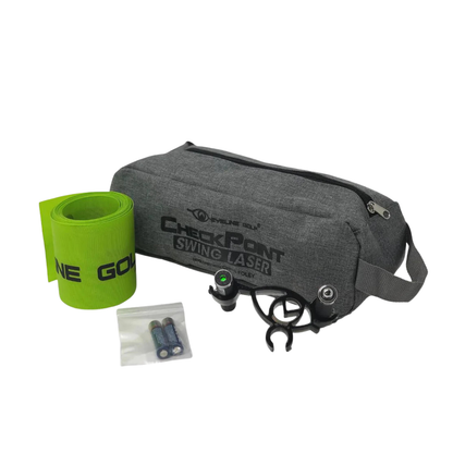 Check Point Swing Laser golf product set with gray bag, green band, and accessories on a white background