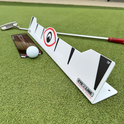 The Eyeline Golf Edge Putting Rail 70 degrees with a golf ball and putter on a green surface