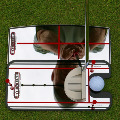 The Eyeline Golf Shoulder Putting Mirror with a person using it on a green background