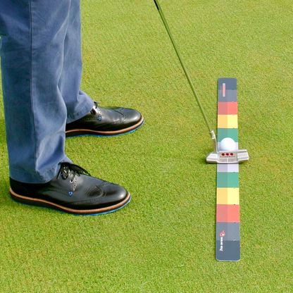 Golf ball on the Stroke Meter with a person's feet and golf club in the background