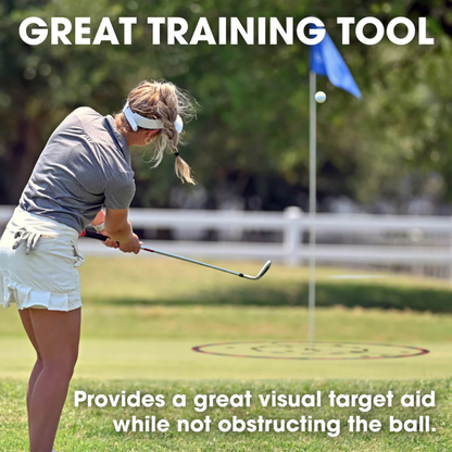 Woman playing golf on a course with text about a training tool.
